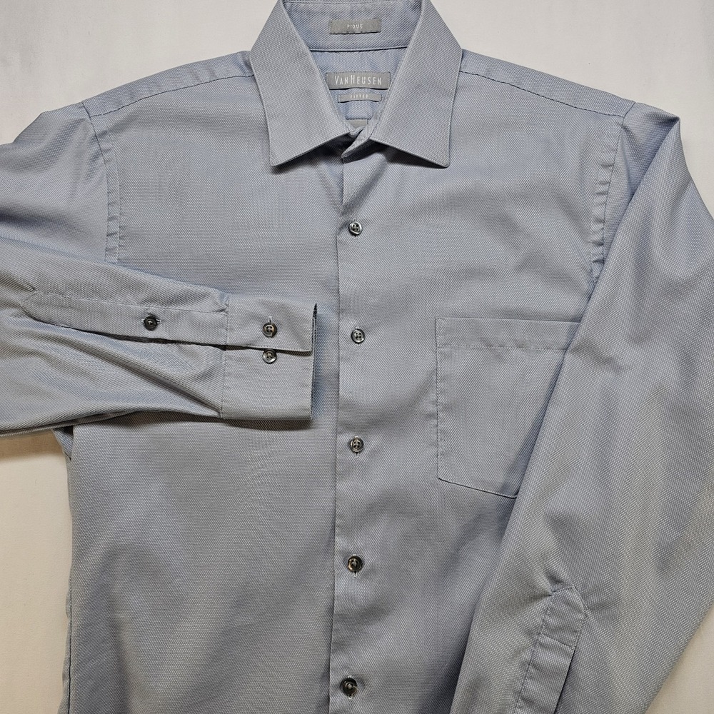 Van Heusen Men's 14.5 32/33 Fitted Dress Shirt Blue Piqué Texture Wrinkle Free